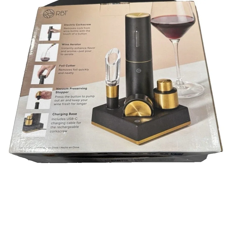 RBT 5 Piece Electric Wine Set Corkscrew Aerator Stopper Foil Cutter Base New